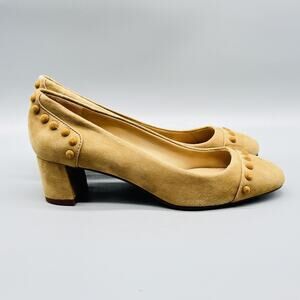Tory Burch Shoes Womens 5.5 Beige Suede Pumps Colt Studded Round Toe Block Heels